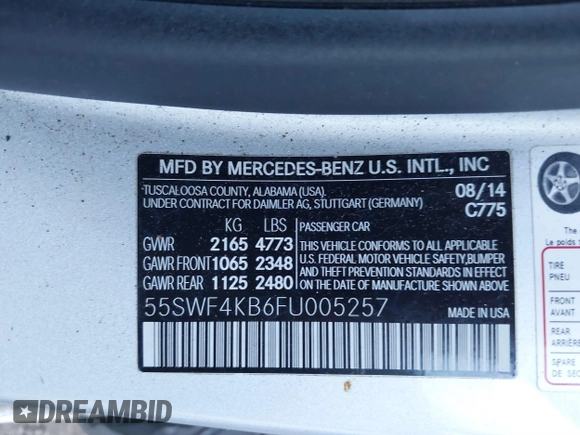 2015 Mercedes-Benz C-Class C 300 Luxury with VIN 55SWF4KB6FU005257, listed as a IAAI auction lot 41675298 with 126,263 mi miles. Bid and sale history available at carsss.com. Image 9.