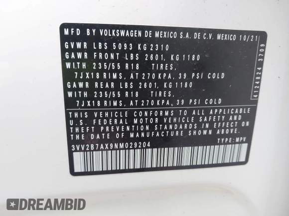 2022 Volkswagen Tiguan SE z VIN 3VV2B7AX9NM029204, wystawiony jako IAAI lot #41248800 z przebiegiem 24 450 mil mil oraz . Historia ofert i sprzedaży dostępna na DreamBid. Obrazek 9.