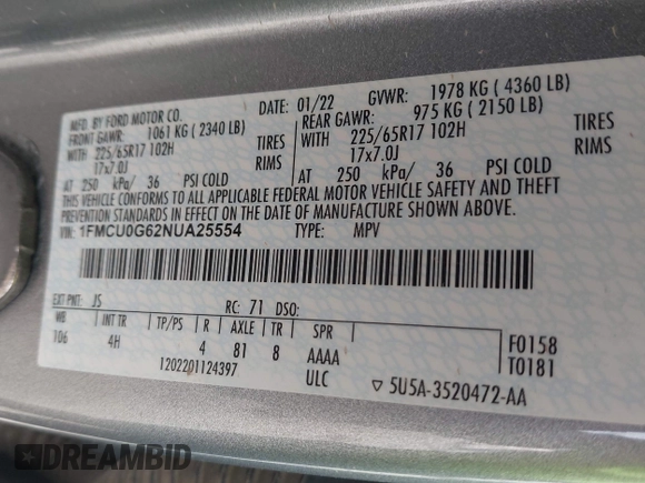 2022 Ford Escape SE z VIN 1FMCU0G62NUA25554, wystawiony jako IAAI lot #41900612 z przebiegiem 63 581 mil mil oraz . Historia ofert i sprzedaży dostępna na DreamBid. Obrazek 9.