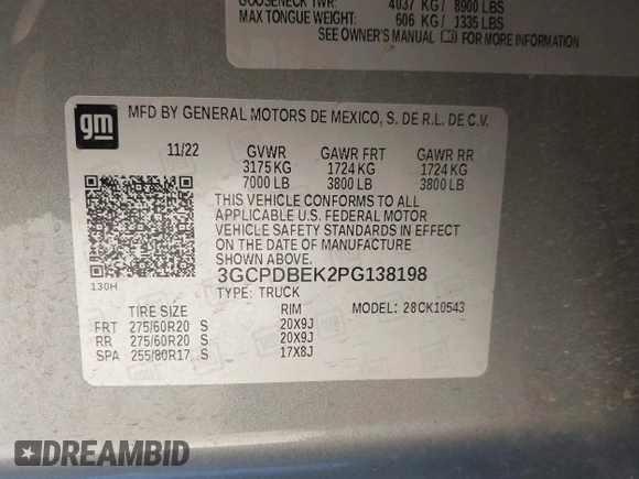 2023 Chevrolet Silverado 1500 Custom with VIN 3GCPDBEK2PG138198, listed as a IAAI auction lot 41023057 with 36,733 mi miles and . Bid and sale history available at DreamBid. Image 9.