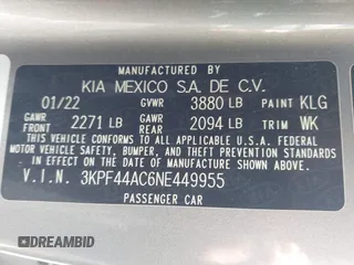 2022 Kia Forte GT with VIN 3KPF44AC6NE449955, listed as a IAAI auction lot 42104499 with 59,366 mi miles and . Bid and sale history available at carsss.com. Image 9.
