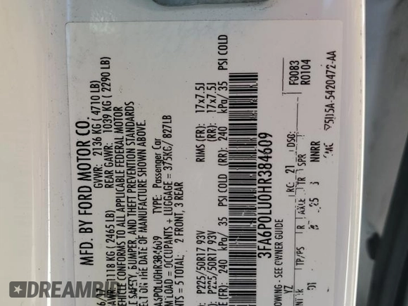 2017 Ford Fusion Hybrid SE with VIN 3FA6P0LU0HR384609, listed as a Copart auction lot 49103125 with 105,976 mi miles and Salvage title. Bid and sale history available at DreamBid. Image 14.