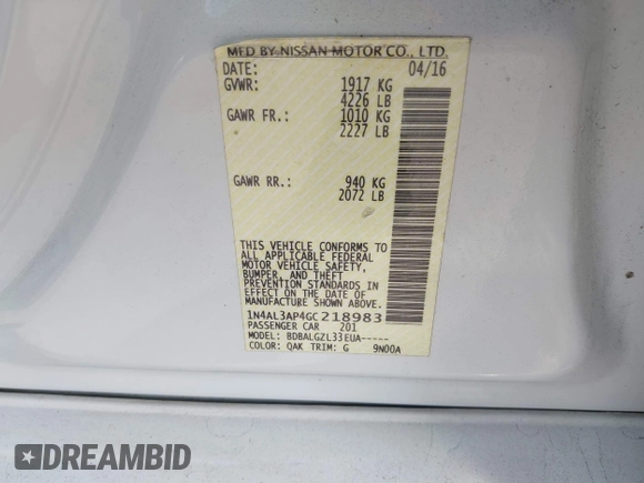 2016 Nissan Altima SV with VIN 1N4AL3AP4GC218983, listed as a IAAI auction lot 41346784 with 167,246 mi miles and . Bid and sale history available at DreamBid. Image 9.