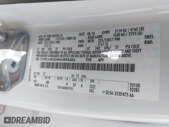 2017 Ford Escape SE with VIN 1FMCU9GD4HUB55262, listed as a IAAI auction lot 41792973 with 98,407 mi miles. Bid and sale history available at carsss.com. Image 9.