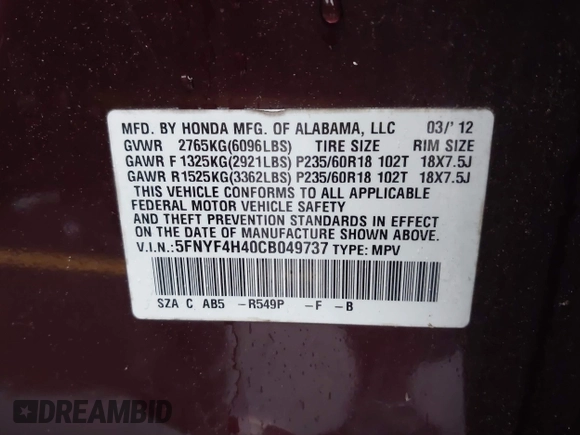 2012 Honda Pilot EX with VIN 5FNYF4H40CB049737, listed as a IAAI auction lot 41683242 with 191,347 mi miles. Bid and sale history available at carsss.com. Image 9.