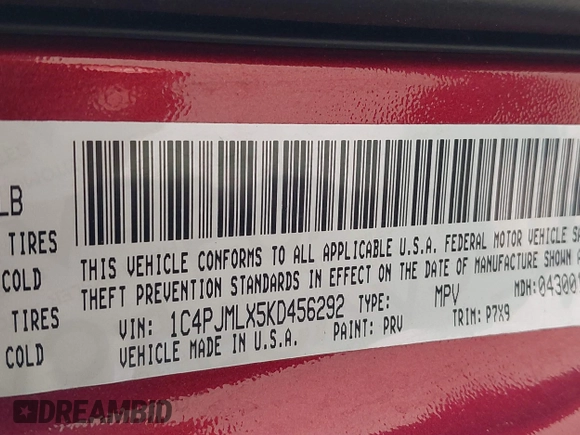 2019 Jeep Cherokee Latitude Plus with VIN 1C4PJMLX5KD456292, listed as a IAAI auction lot 40940110 with 95,622 mi miles and . Bid and sale history available at DreamBid. Image 9.