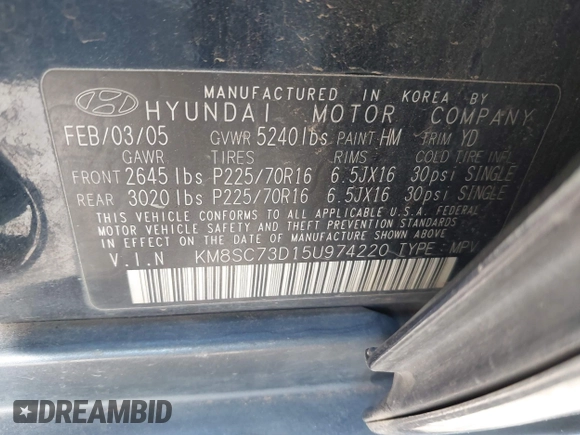 2005 Hyundai Santa Fe GLS с VIN KM8SC73D15U974220, выставлен на аукционе IAAI как лот 41514751 с пробегом 241 080 миль миль и . История ставок и продаж доступна на DreamBid. Изображение 9.