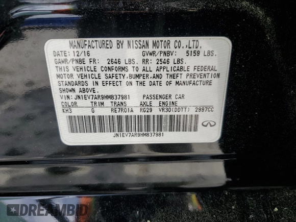 2017 Infiniti Q50 3.0t Signature Edition with VIN JN1EV7AR9HM837981, listed as a Copart auction lot 52042305 with 92,376 mi miles and Salvage Title. Bid and sale history available at carsss.com. Image 14.