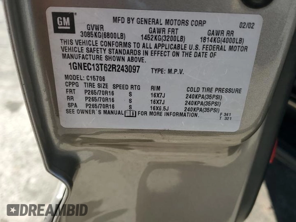 2002 Chevrolet Tahoe LS с VIN 1GNEC13T62R243097, выставлен на аукционе Copart как лот 64210815 с пробегом 254 318 миль миль и Списание • Salvage title. История ставок и продаж доступна на DreamBid. Изображение 13.