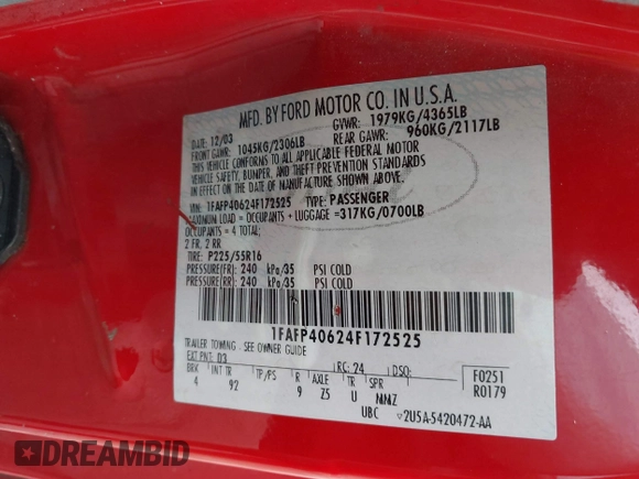 2004 Ford Mustang Standard с VIN 1FAFP40624F172525, выставлен на аукционе IAAI как лот 42388984 с пробегом 238 134 миль миль и . История ставок и продаж доступна на DreamBid. Изображение 9.