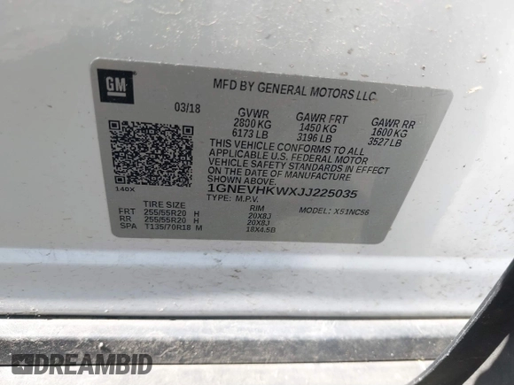 2018 Chevrolet Traverse LT Leather with VIN 1GNEVHKWXJJ225035, listed as a IAAI auction lot 39736687 with 89,973 mi miles. Bid and sale history available at carsss.com. Image 9.