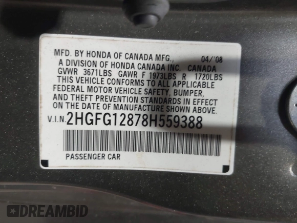 2008 Honda Civic Cpe EX with VIN 2HGFG12878H559388, listed as a IAAI auction lot 42184557 with 164,412 mi miles. Bid and sale history available at carsss.com. Image 8.