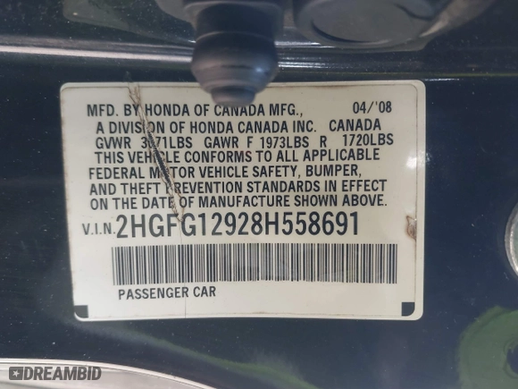 2008 Honda Civic Cpe EX-L with VIN 2HGFG12928H558691, listed as a IAAI auction lot 41644320 with 174,835 mi miles. Bid and sale history available at carsss.com. Image 9.