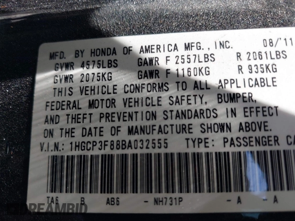 2011 Honda Accord EX-L с VIN 1HGCP3F88BA032555, выставлен на аукционе IAAI как лот 42556674 с пробегом 201 065 миль миль и . История ставок и продаж доступна на DreamBid. Изображение 9.