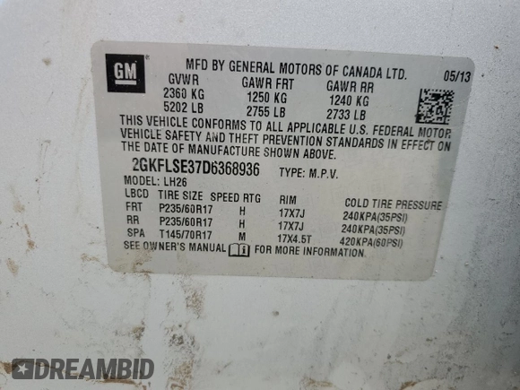 2013 GMC Terrain SLE with VIN 2GKFLSE37D6368936, listed as a Copart auction lot 46883375 with 149,883 mi miles and Salvage Title. Bid and sale history available at DreamBid. Image 14.