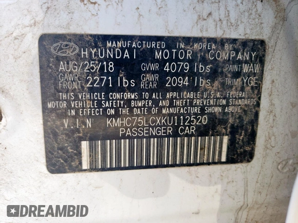 2019 Hyundai Ioniq SEL with VIN KMHC75LCXKU112520, listed as a Copart auction lot 54106345 with 119,965 mi miles and Clean Title. Bid and sale history available at DreamBid. Image 12.