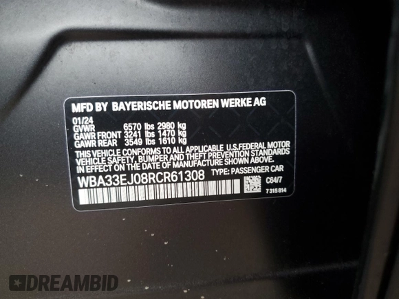 2024 BMW 7 Series 760i xDrive with VIN WBA33EJ08RCR61308, listed as a Copart auction lot 47663095 with 16,294 mi miles and Salvage title. Bid and sale history available at DreamBid. Image 12.