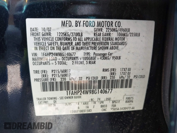 2008 Ford Taurus SEL with VIN 1FAHP24W98G140677, listed as a IAAI auction lot 42087217 with 151,693 mi miles. Bid and sale history available at carsss.com. Image 9.