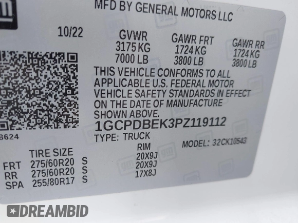 2023 Chevrolet Silverado 1500 Custom with VIN 1GCPDBEK3PZ119112, listed as a IAAI auction lot 41848399 with 96,858 mi miles and . Bid and sale history available at DreamBid. Image 9.