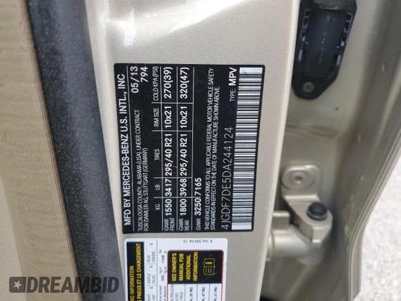 2013 Mercedes-Benz GL-Class GL 550 with VIN 4JGDF7DE5DA244124, listed as a Copart auction lot 53233115 with 123,407 mi miles and Clean Title. Bid and sale history available at carsss.com. Image 13.
