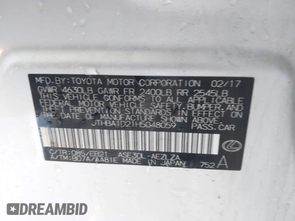 2017 Lexus IS 200t with VIN JTHBA1D21H5048059, listed as a IAAI auction lot 41238131 with 122,599 mi miles and . Bid and sale history available at DreamBid. Image 9.