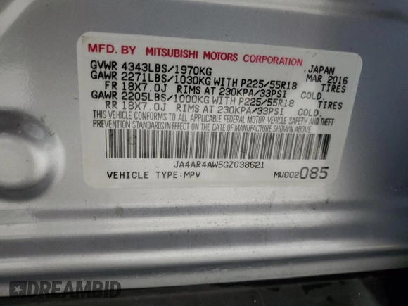 2016 Mitsubishi Outlander SEL z VIN JA4AR4AW5GZ038621, wystawiony jako Copart lot #82545934 z przebiegiem 56 503 mil mil oraz Szkoda całkowita • Salvage title. Historia ofert i sprzedaży dostępna na DreamBid. Obrazek 14.