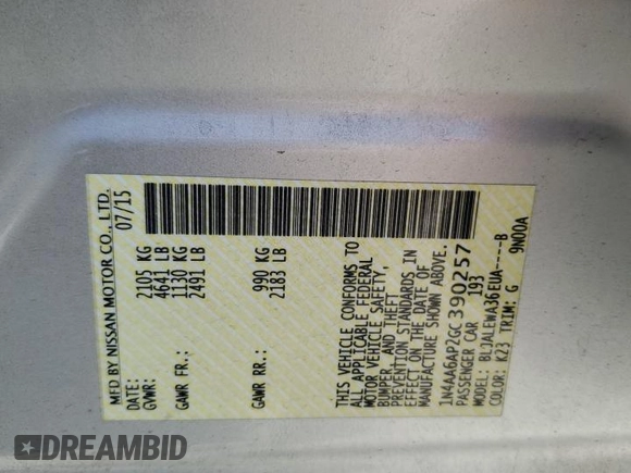 2016 Nissan Maxima SL with VIN 1N4AA6AP2GC390257, listed as a Copart auction lot 60289225 with 149,219 mi miles and Salvage title. Bid and sale history available at DreamBid. Image 13.