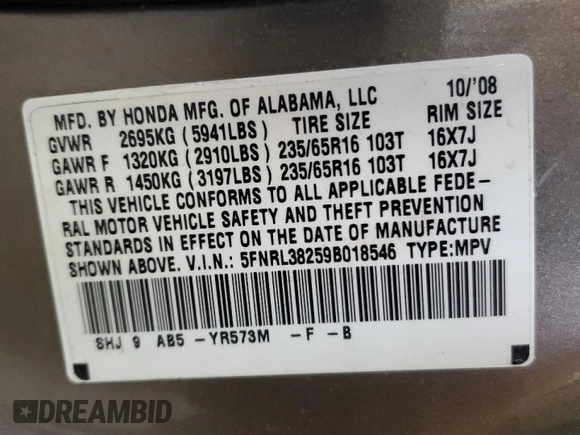 2009 Honda Odyssey LX with VIN 5FNRL38259B018546, listed as a Copart auction lot 62142015 with 162,459 mi miles and Salvage title. Bid and sale history available at DreamBid. Image 13.