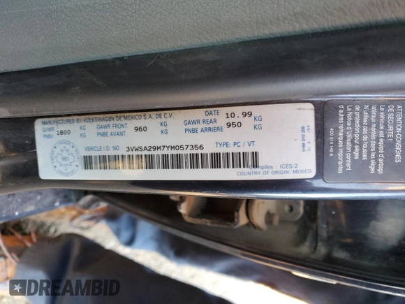 2000 Volkswagen Jetta GLS z VIN 3VWSA29M7YM057356, wystawiony jako Copart lot #76960844 z przebiegiem 299 410 mil mil oraz Szkoda całkowita • Salvage title. Historia ofert i sprzedaży dostępna na DreamBid. Obrazek 12.