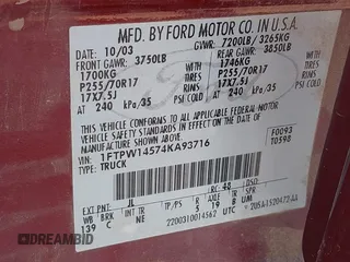 2004 Ford F-150 XLT с VIN 1FTPW14574KA93716, выставлен на аукционе IAAI как лот 42366061 с пробегом 224 799 миль миль и . История ставок и продаж доступна на DreamBid. Изображение 9.