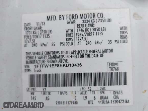 2014 Ford F-150 XL with VIN 1FTFW1EF8EKD10436, listed as a IAAI auction lot 41903297 with 209,929 mi miles. Bid and sale history available at carsss.com. Image 9.