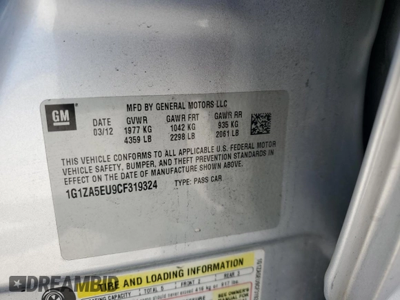 2012 Chevrolet Malibu 1FL with VIN 1G1ZA5EU9CF319324, listed as a Copart auction lot 56103655 with 216,321 mi miles and Salvage Title. Bid and sale history available at DreamBid. Image 12.
