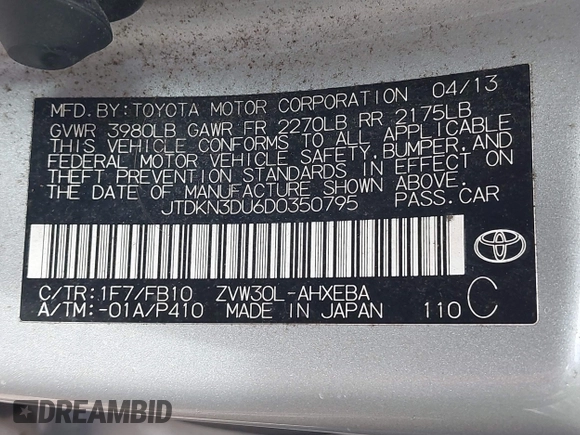 2013 Toyota Prius One with VIN JTDKN3DU6D0350795, listed as a IAAI auction lot 42025416 with 146,043 mi miles. Bid and sale history available at carsss.com. Image 9.