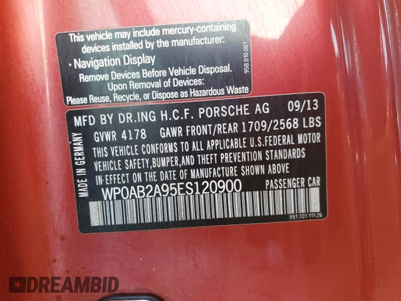 2014 Porsche 911 Carrera S with VIN WP0AB2A95ES120900, listed as a Copart auction lot 74561454 with 0 mi miles and Non Repairable. Bid and sale history available at carsss.com. Image 13.