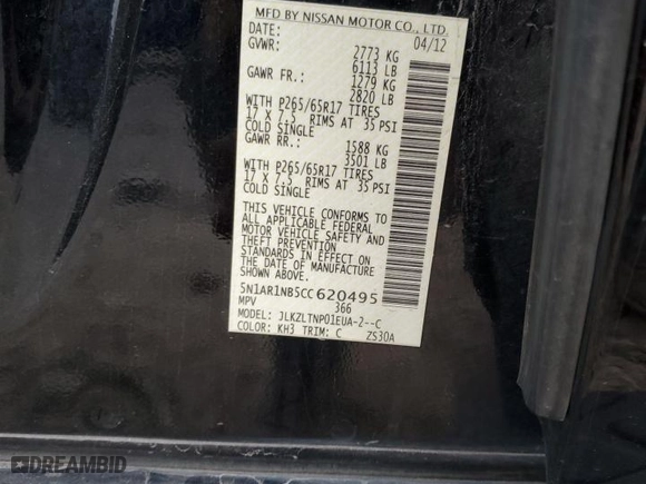 2012 Nissan Pathfinder SV with VIN 5N1AR1NB5CC620495, listed as a Copart auction lot 82700394 with 179,242 mi miles and Clean Title. Bid and sale history available at carsss.com. Image 16.
