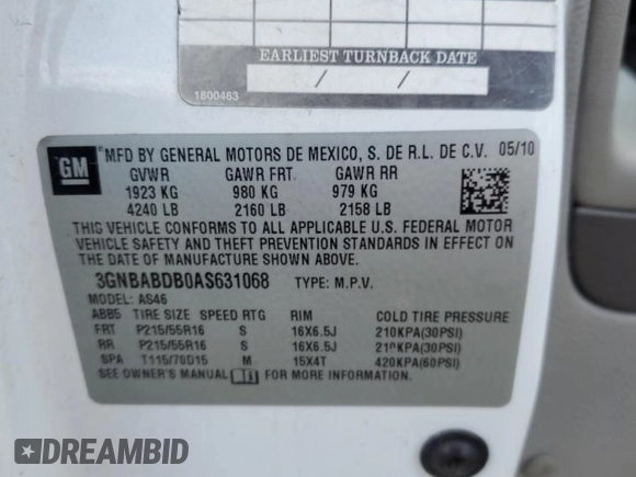 2010 Chevrolet HHR 1LT с VIN 3GNBABDB0AS631068, выставлен на аукционе Copart как лот 55074675 с пробегом 157 329 миль миль и Чистый • Clean title. История ставок и продаж доступна на DreamBid. Изображение 13.