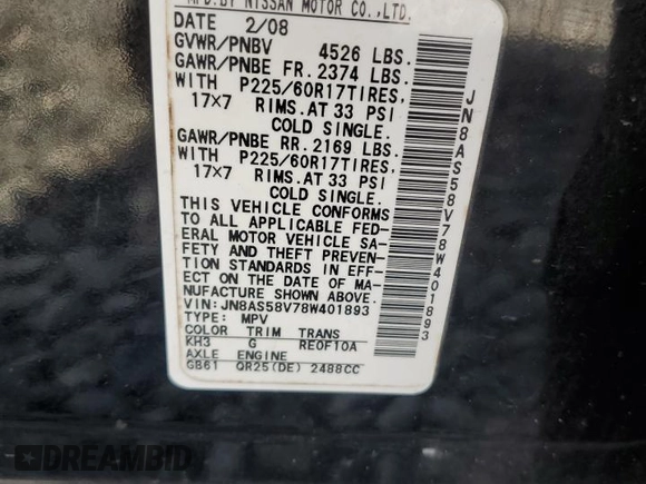 2008 Nissan Rogue SL with VIN JN8AS58V78W401893, listed as a Copart auction lot 53160435 with 262,481 mi miles and Salvage Title. Bid and sale history available at DreamBid. Image 16.