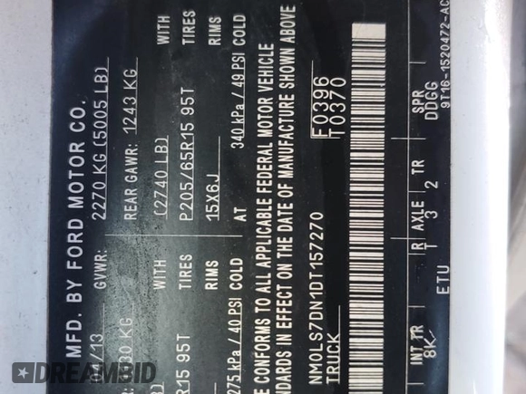 2013 Ford Transit Connect XLT with VIN NM0LS7DN1DT157270, listed as a Copart auction lot 81300314 with Not provided miles and Salvage title. Bid and sale history available at DreamBid. Image 14.