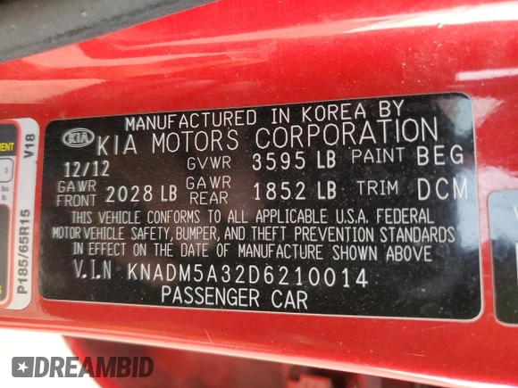 2013 Kia Rio LX with VIN KNADM5A32D6210014, listed as a Copart auction lot 86190454 with 160,175 mi miles and Salvage Title. Bid and sale history available at carsss.com. Image 12.