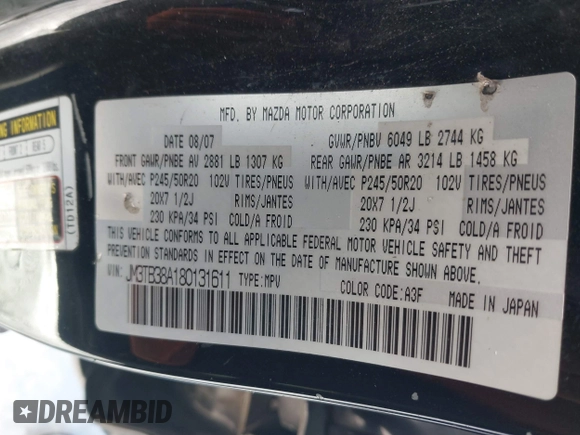 2008 Mazda CX-9 Grand Touring with VIN JM3TB38A180131611, listed as a IAAI auction lot 41361304 with 259,016 mi miles. Bid and sale history available at carsss.com. Image 9.