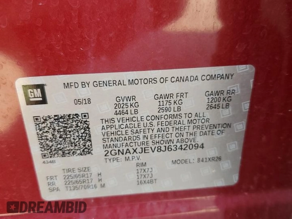 2018 Chevrolet Equinox LT with VIN 2GNAXJEV8J6342094, listed as a Copart auction lot 60083725 with Not provided miles and Salvage title. Bid and sale history available at DreamBid. Image 12.