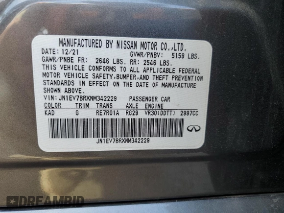 2022 Infiniti Q50 Luxe z VIN JN1EV7BRXNM342229, wystawiony jako Copart lot #53464005 z przebiegiem 14 194 mil mil oraz Szkoda całkowita • Salvage title. Historia ofert i sprzedaży dostępna na DreamBid. Obrazek 12.
