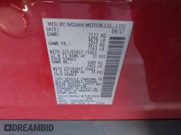 2017 Nissan Rogue SV z VIN 5N1AT2MV6HC818304, wystawiony jako IAAI lot #41828215 z przebiegiem 66 818 mil mil oraz . Historia ofert i sprzedaży dostępna na DreamBid. Obrazek 9.