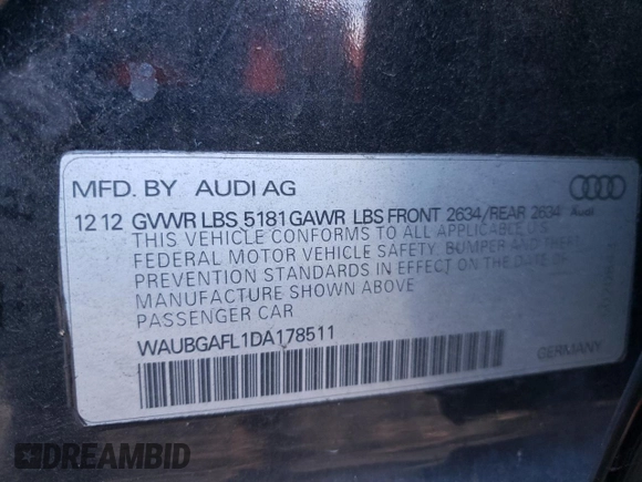 2013 Audi S4 Premium Plus with VIN WAUBGAFL1DA178511, listed as a Copart auction lot 80038854 with 167,860 mi miles and Salvage Title. Bid and sale history available at DreamBid. Image 15.