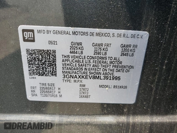 2021 Chevrolet Equinox LT with VIN 3GNAXKEV8ML391995, listed as a Copart auction lot 60400895 with 95,315 mi miles and Salvage title. Bid and sale history available at DreamBid. Image 14.
