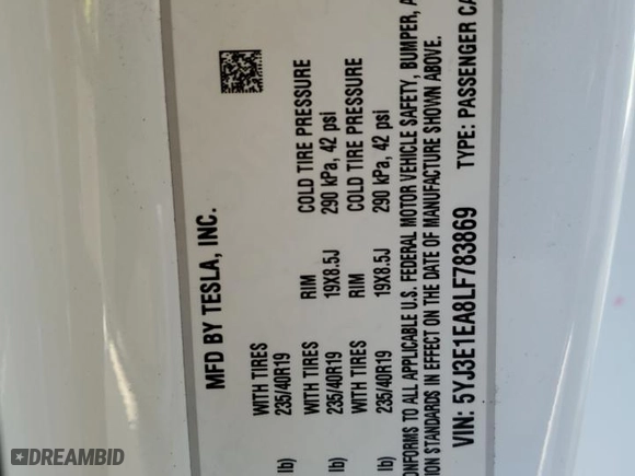 2020 Tesla Model 3 Standard Range Plus with VIN 5YJ3E1EA8LF783869, listed as a Copart auction lot 88313775 with 84,967 mi miles and Salvage Title. Bid and sale history available at carsss.com. Image 14.