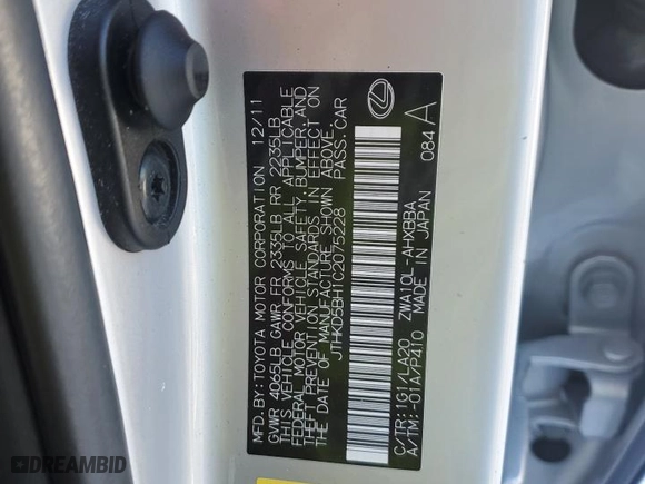 2012 Lexus CT 200h with VIN JTHKD5BH1C2075228, listed as a Copart auction lot 45514015 with 150739 miles and Salvage Title. Bid and sale history available at carsss.com. Image 12.