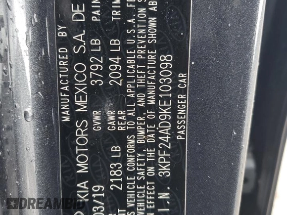 2019 Kia Forte LXS with VIN 3KPF24AD9KE103098, listed as a Copart auction lot 55663545 with 110,378 mi miles and Salvage title. Bid and sale history available at DreamBid. Image 13.