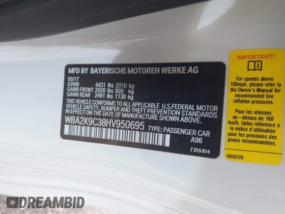 2017 BMW 2 Series 230i with VIN WBA2K9C38HV950695, listed as a IAAI auction lot 41610243 with 102,191 mi miles and . Bid and sale history available at DreamBid. Image 9.
