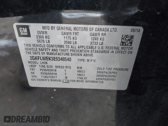 2014 GMC Terrain SLE с VIN 2GKFLWEK3E6348540, выставлен на аукционе IAAI как лот 41242849 с пробегом 73 557 миль миль и . История ставок и продаж доступна на DreamBid. Изображение 9.